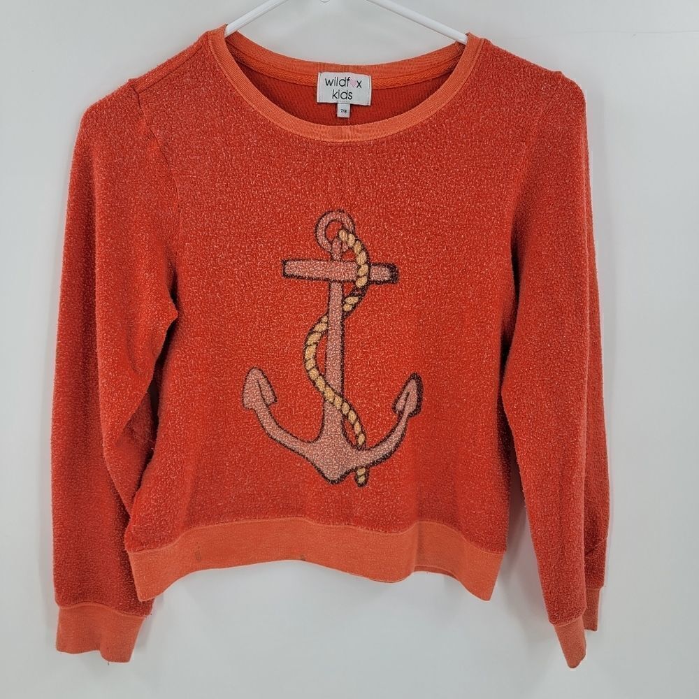 Wildfox kids anchor crew neck long sleeve orange shirt girls 7/8 medium